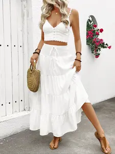 Women's High Waist Long Bohemian A-Line Skirt, Elastic Drawstring Casual Wide Hem Dress, Loose-Fit Woven Fabric for All Seasons, Womenswear