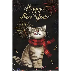Happy New Year Cat Garden Flag,Double-Sided Polyester Banner, Outdoor Celebration Festive Fireworks, No Flagpole, Waterproof Burlap, Multi-Purpose Yard Decor Party Decorations Supplies Ornaments