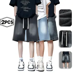 Men's summer loose and versatile trendy denim drawstring waistband seven quarter casual shorts