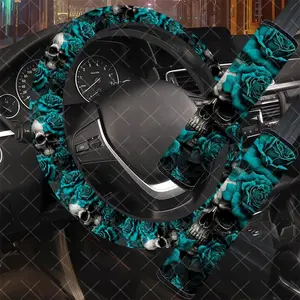 3Pcs/Set Skull & Turquoise Rose Car Interior Set, Dark Style, Includes Steering Wheel Cover, Car Seat Belt Cover, No Inner Ring, Vehicle Interior Upgrade, Durable Material, Multi-Part Set, For Women, Car Enthusiasts, Gift For Drivers.11.27QWA-351@352