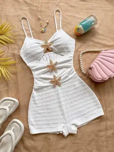 LUSHY Casual Women Outfits Women's Summer Casual Hollow-Out Starfish Decor Camisole Romper White Playsuit Beach Playsuit Summer Outfit Vacation Outfit