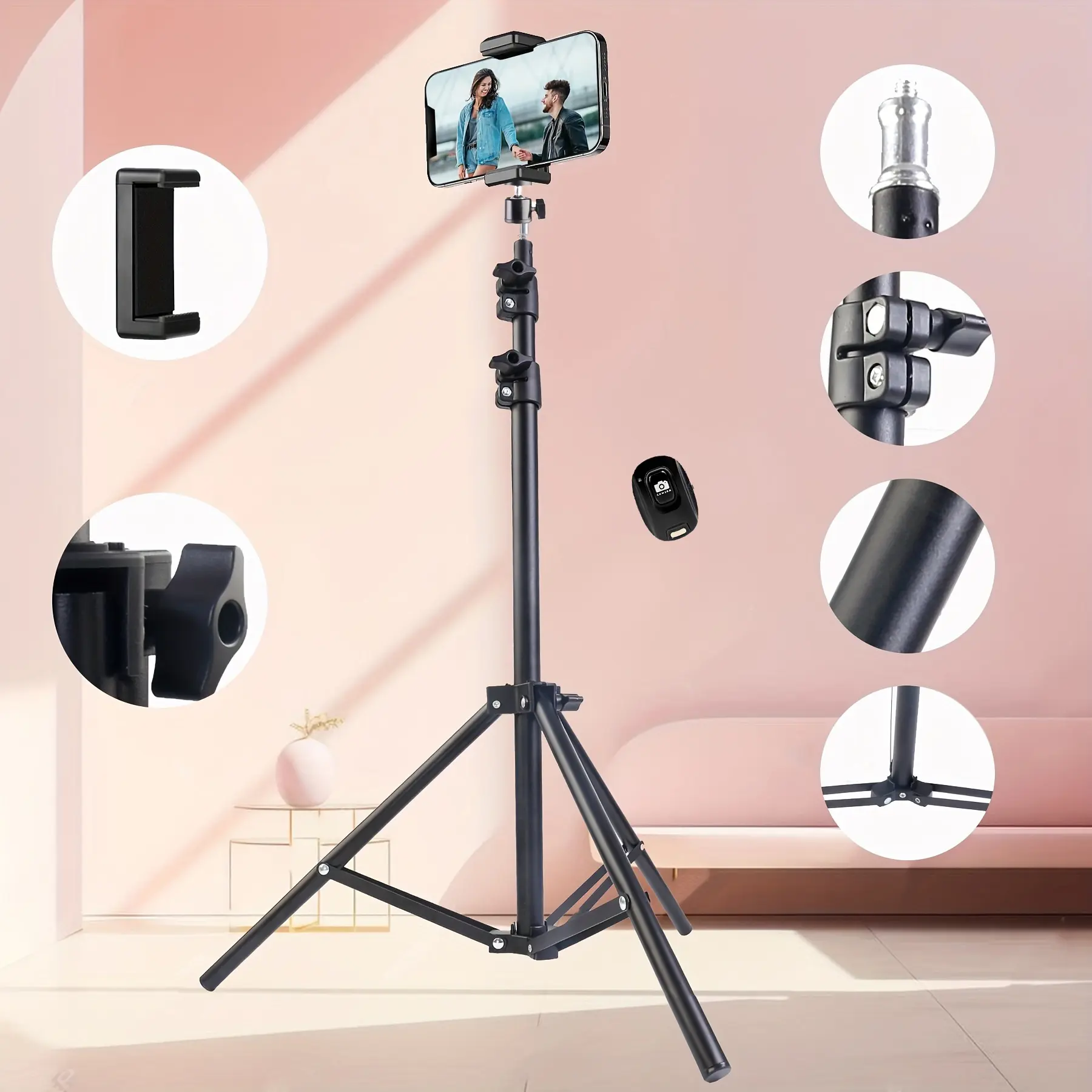 63"Adjustable Phone Tripod with Phone Holder & Remote Control , Overhead Cell Phone Stand for Video Recording, Compatible with iPhone Android Phone camera photography