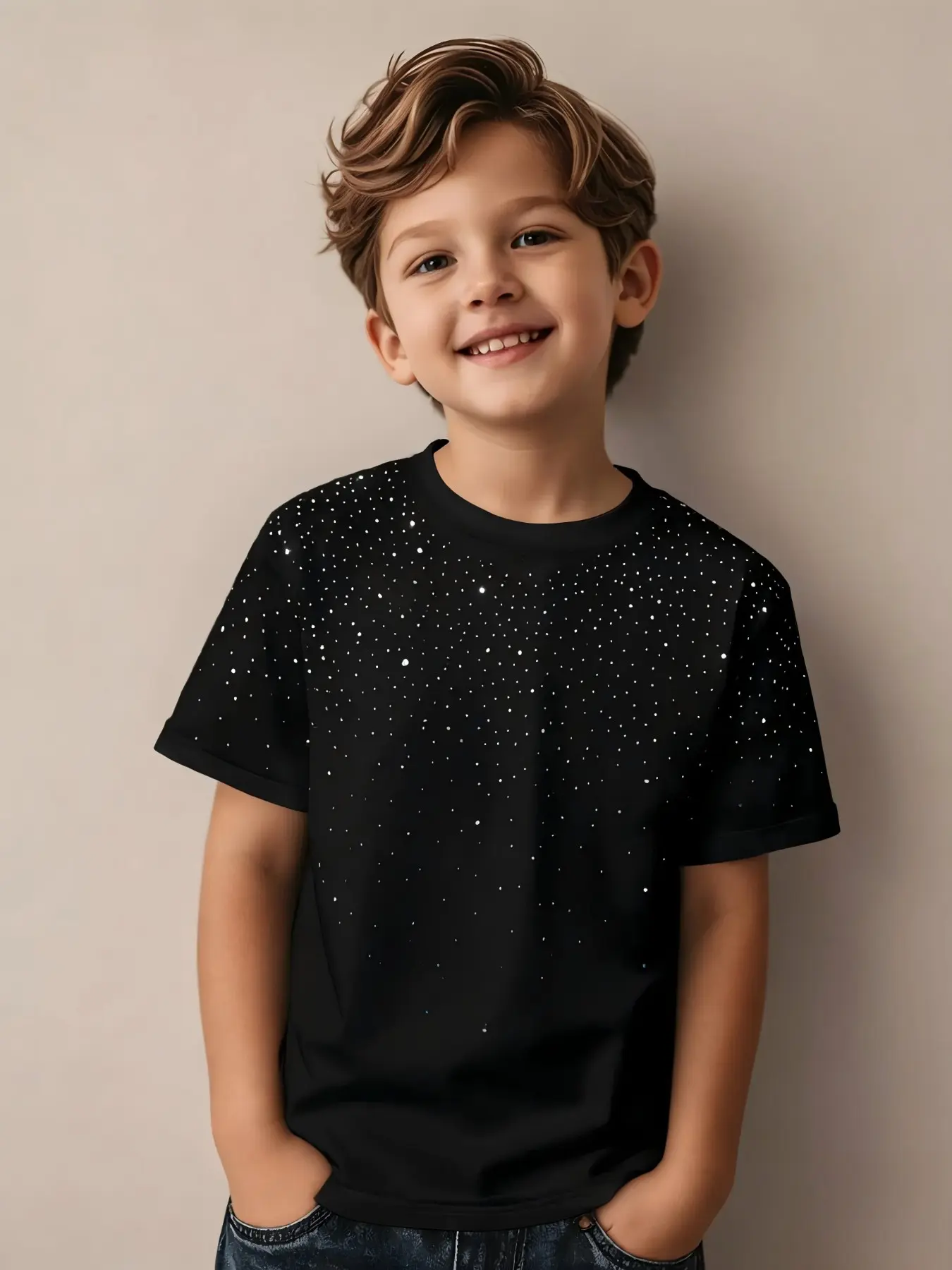 Star Pattern Short Sleeve T-Shirt, Boy Fashion Casual Top, Simple Round Neck Design, Spring Summer New Kids Clothes, Celestial Tee, Graphic Tee, Cool Graphic Tee, Relaxed Tee