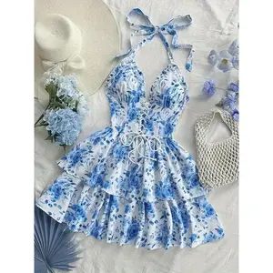 Retro-style blue and white watercolor rose print half-neck mini A-line dress with back tie details, ruffle decoration | ruffled hem and drawstring waist — women’s sleeveless vacation dress, spring/summer collection, cute dress, Halloween, CGARMENTARY