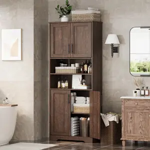 Garvee Bathroom Cabinet, Farmhouse Storage Cabinet with Glass Doors and Adjustable Shelves,Freestanding Kitchen Pantry Cabinet, Cupboard for Living Room, Dining Room (Reddish Brown-67 H)