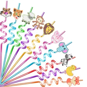 10PCS Jungle-Themed Animal Spiral Straws - PVC Party Drink Straws for Kids, Fun Cartoon Safari Animal Designs (BPA-Free, Twist Straws for Smoothies/Milkshakes) Utensils