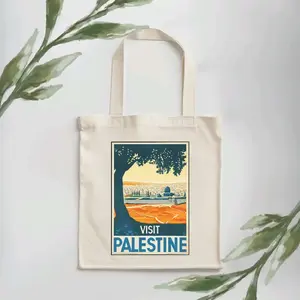 Visit Palestine Tote Bag with Cartoon Print Design, Ideal for Travel and Everyday Use