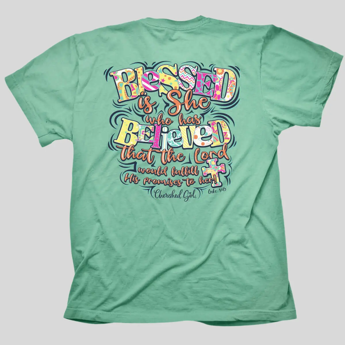 Graphic T-Shirt for Women with "Blessed Is She" Christian Text Print, Mint 100% Cotton Short-Sleeve Crew Neck with Taped Neck, Lady, Streetwear, Bottom, Tshirt, Standard
