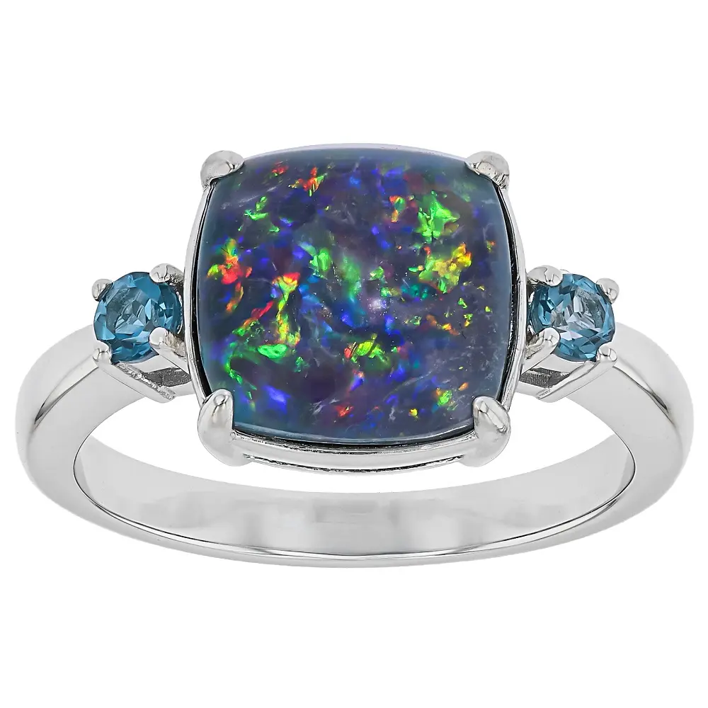 Halo Triplet Opal Ring in Rhodium Over Sterling Silver with 10mm Cushion Australian Opal & 0.22ctw London Blue Topaz, Classic Ring