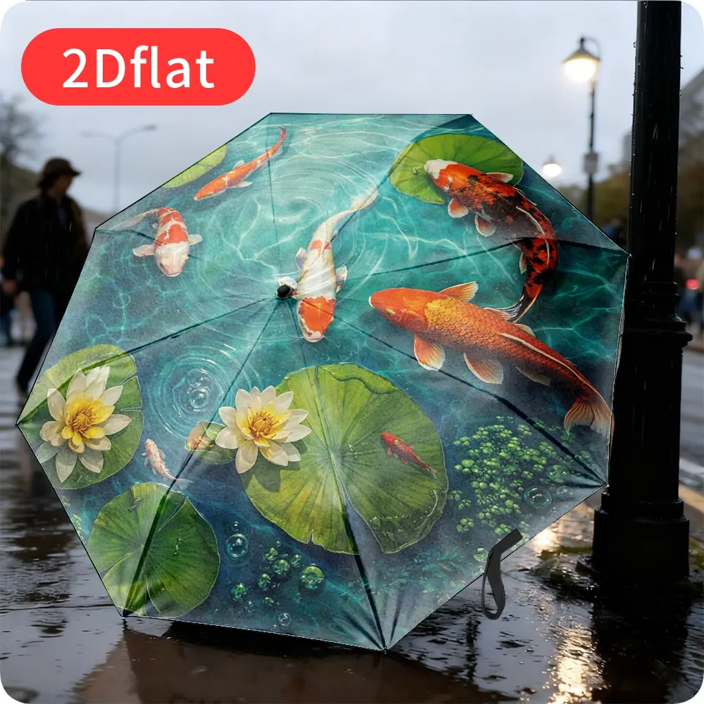 1 Automatic Open/Close Folding Umbrella – Japanese Koi Fish and Lotus Pond Design, Teal/Orange, Compact Travel Umbrella with Push-Button Operation, Ideal for Commuting and Outdoor Use, Gift Edition - Y279, Outdoor