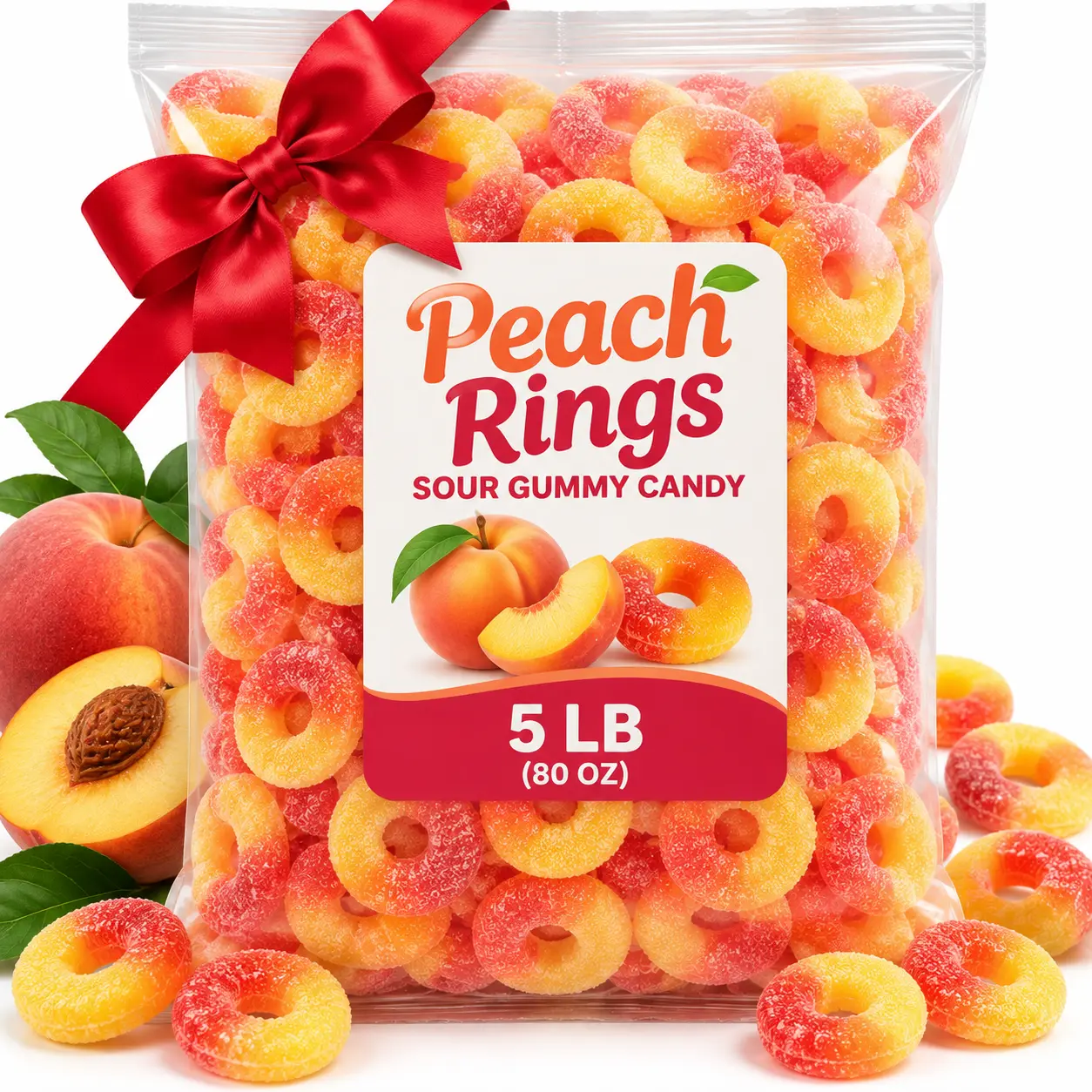 Peach Rings Gummy Candy Bulk Bag – Soft & Chewy Sour Peach Gummies, 5 lb Party Size Pack