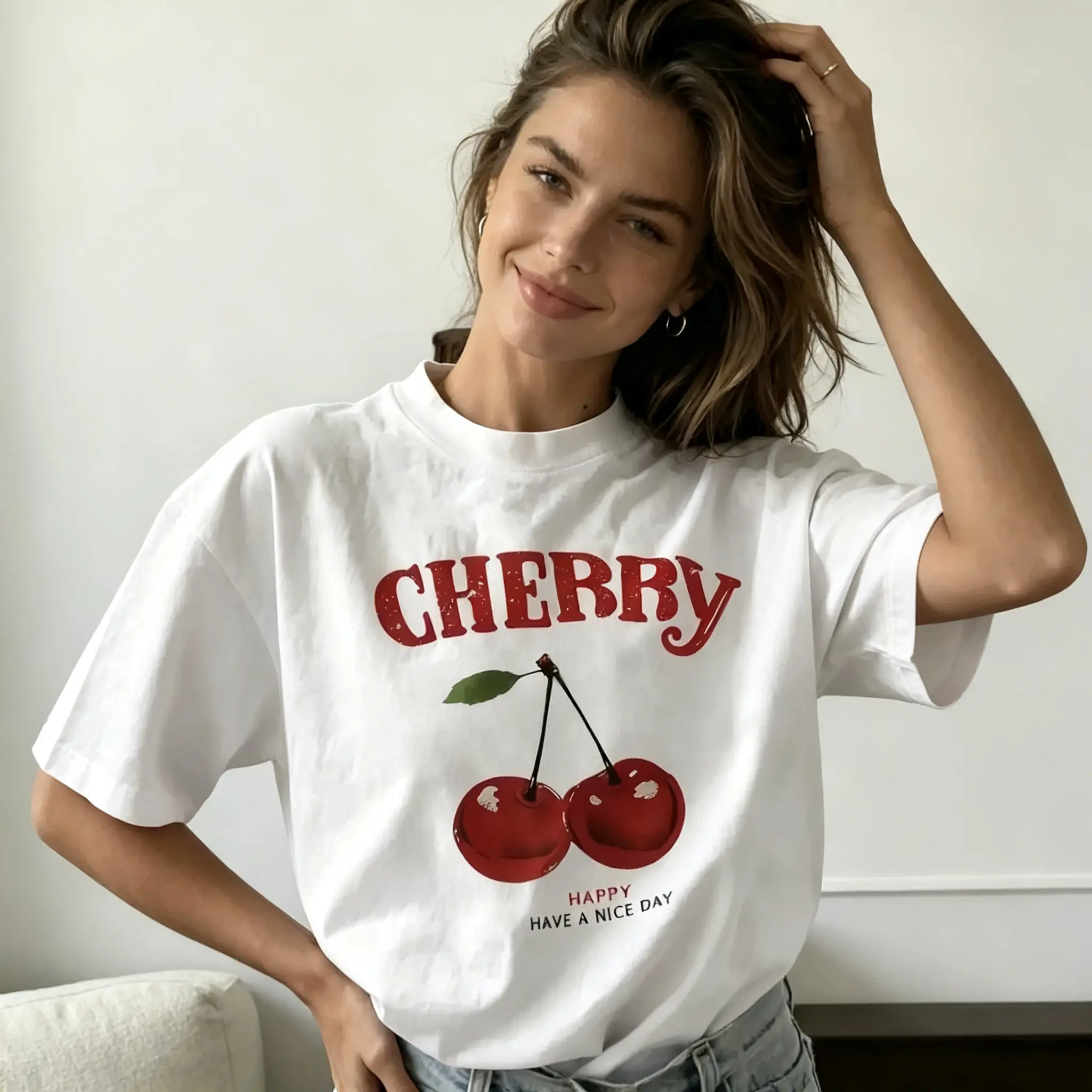 Women’s 100% Cotton Crew Neck Graphic Tee, Vintage Cherry Letter Print Casual Short Sleeve T-Shirt, Soft Womens Summer Tops
