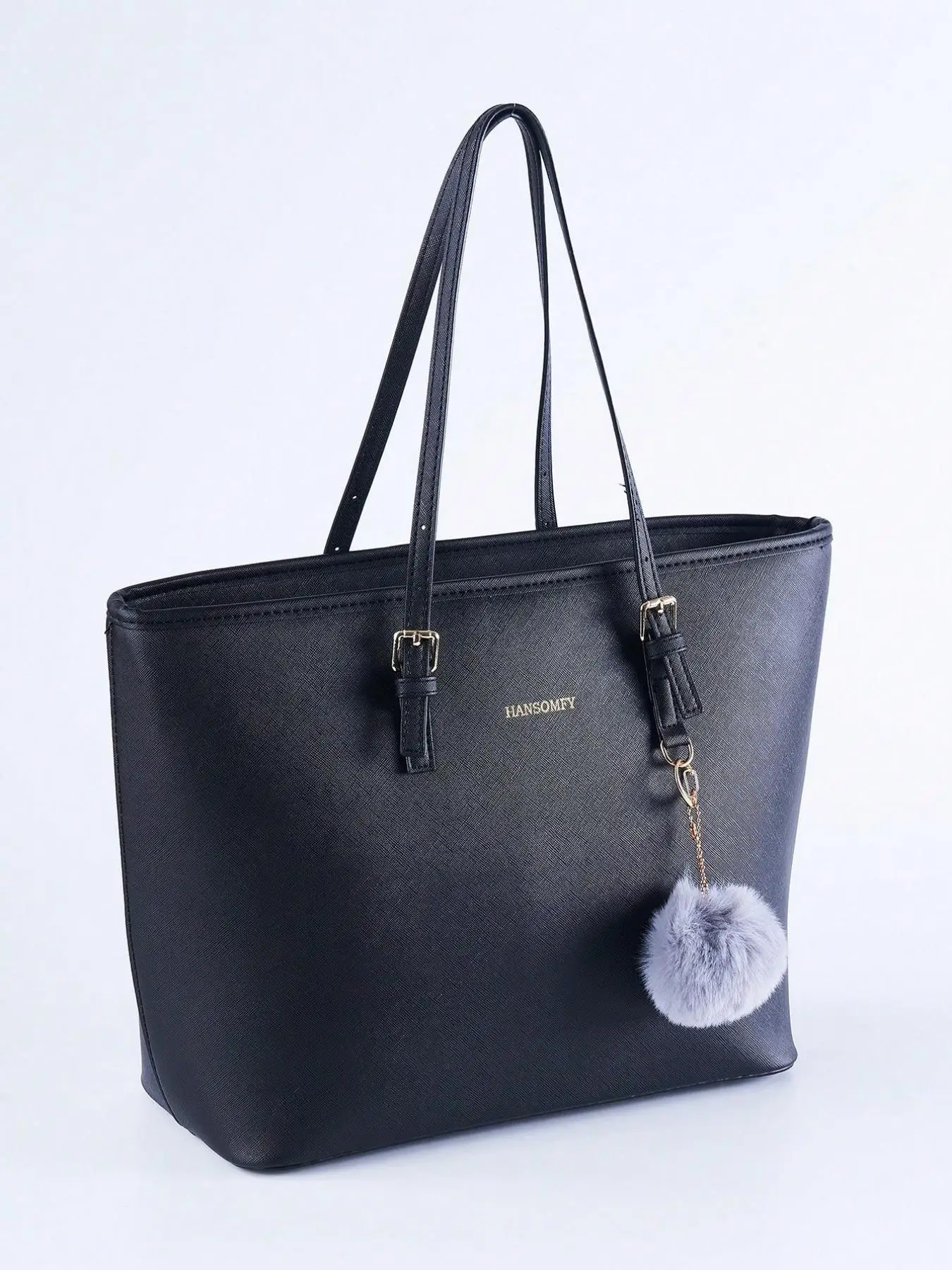 Women's Solid PU Leather Zip Tote Bag & Pouch Bag Set, with Pom Pom, Summer Essentials, Summer Travel Essentials, Elegant Trendy Tote Bag Set