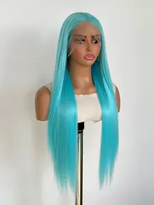 Lake Blue Long Straight Hair Wig, 13x4 Handmade Lace Front wig, Wear and Go 26 Inch Natural Hairline Synthetic Lace Cap for Cosplay, Synthetic Wigs