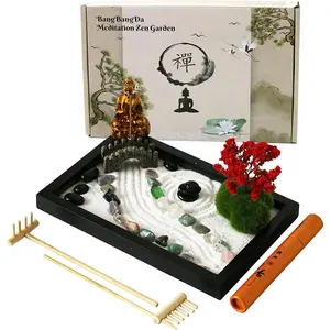 Mini Meditation Zen Garden Kit - Japanese Tabletop Rock Sand Chakra Buddha Garden Home Office Desk Decor Gifts for Father Mother Birthday - Sandbox w/Rake Tool Accessories