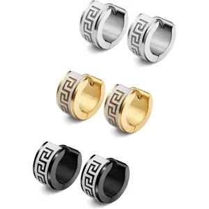 MILACOLATO 3 Pairs Men's Hoop Earring Stainless Steel Hoop Earrings for Men Women Huggie Earrings Unique Greek Key Fashion Huggie Earrings Piercing Jewelry