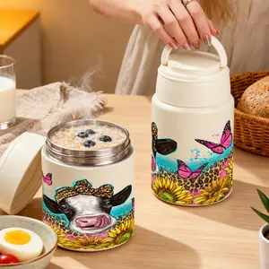 1pc 27/17oz Insulated Food Jar with Cute Cow Sunflower Leopard Print and Pink Butterflies Design, Lunch Vacuum Soup Thermos For Hot Food with Inserts Stackable Bento Box Storage Container,Width Mouth Stainless S