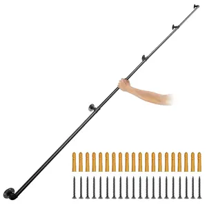 【fathersdaygift】VEVOR Pipe Stair Handrail, 13FT Staircase Handrail, 440LBS Load Capacity Carbon Steel Pipe Handrail, Industrial Pipe Handrail with Wall Mount Support, Round Corner Wall Handrailing for Indoor, Outdoor