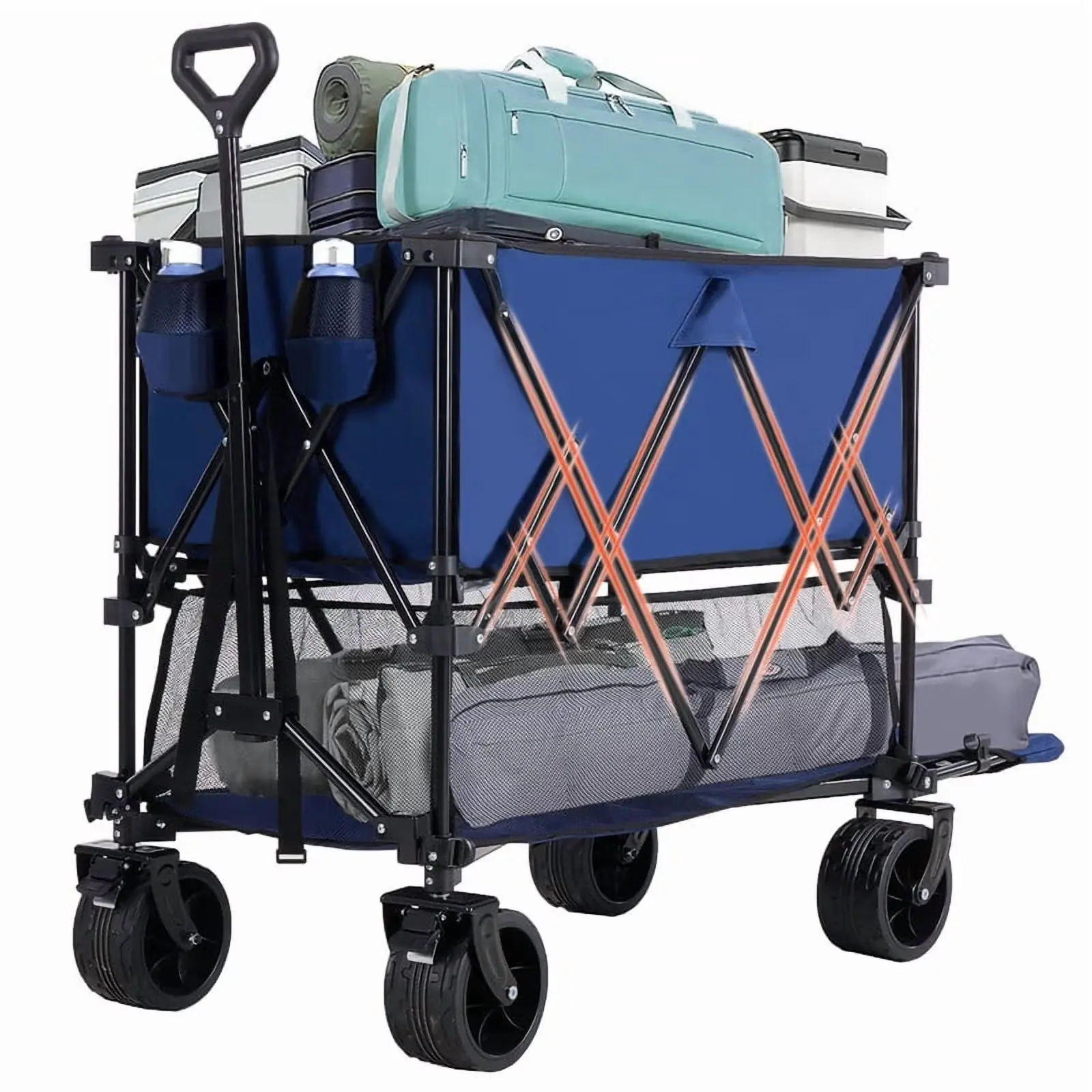 Folding Double Decker Wagon with Brakes, 54" Extra Long Extended Cart, Equipped with 7" All-Terrain Big Wheels for Camping, Sports，Blue