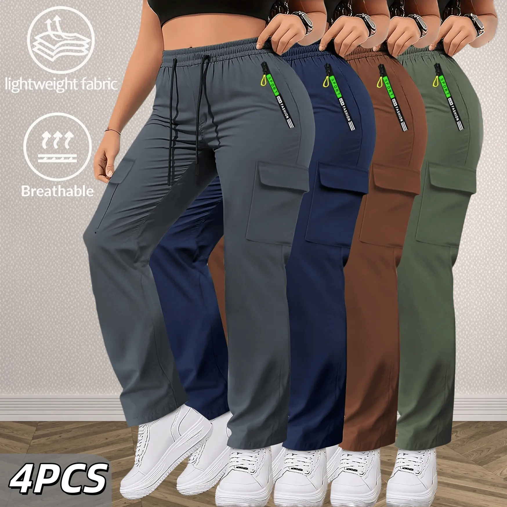 Women's 4-piece multi pocket zipper workwear casual pants Drawstring elastic waist lightweight breathable straight leg sports pants set Multi color versatile high waist slimming outdoor workwear pants combination Athletic Womenswear