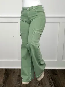 Risen Beverly High-Rise Wide Leg Cargo Sage Jeans