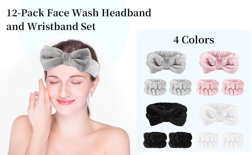 12 PCS Face Wash Headband Wristband Sets for Women and Girls | Soft Microfiber Spa Hair Wraps, Makeup Skincare Bath Headbands, Wrist Bands for Washing Face, White, Pink, Gray, Black