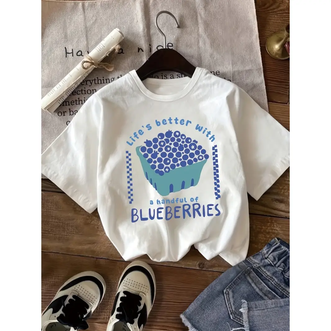 Women's Cotton Short-Sleeve Round Neck Graphic T-Shirt - Cute Blueberry Print Lady Streetwear Top for Summer, Vacation, Brunch, Shortsleeve, Tshirt