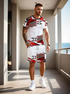 Stay cool this summer with this men's quick-dry round-neck short-sleeve shirt and waistband-and-pocket shorts in a red-and-white color-blocked set, featuring a stylish geometric tie-dye print.