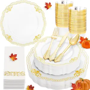 175 count White and  Plastic Plates - Fancy  Disposable Dinnerware Set with of 50 Plastic Plates, 25 , 25 Forks, 25 Spoons, 25 Cups, 25 Napkins for Wedding, Party &Thanksgiving