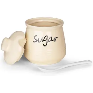 12oz Sugar Bowl with Lid and Spoon,Ceramic Sugar Jar Sugar Dispenser Sugar Container Coffee Bar Accessories, Kitchen Countertop Canisters, Beige