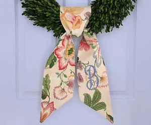Monogram floral chinoiserie green wreath sash for front door, personalized embroidered fall autumn wreath sash, custom wedding & shower gift