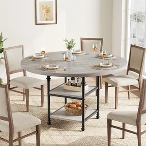 Grey Round Dining Table for 4-6 People, 47" Kitchen Table Dinner Tables with 2-Layer Storage Shelf, Circle Kitchen Tables for Dining Room, Kitchen, Living Room
