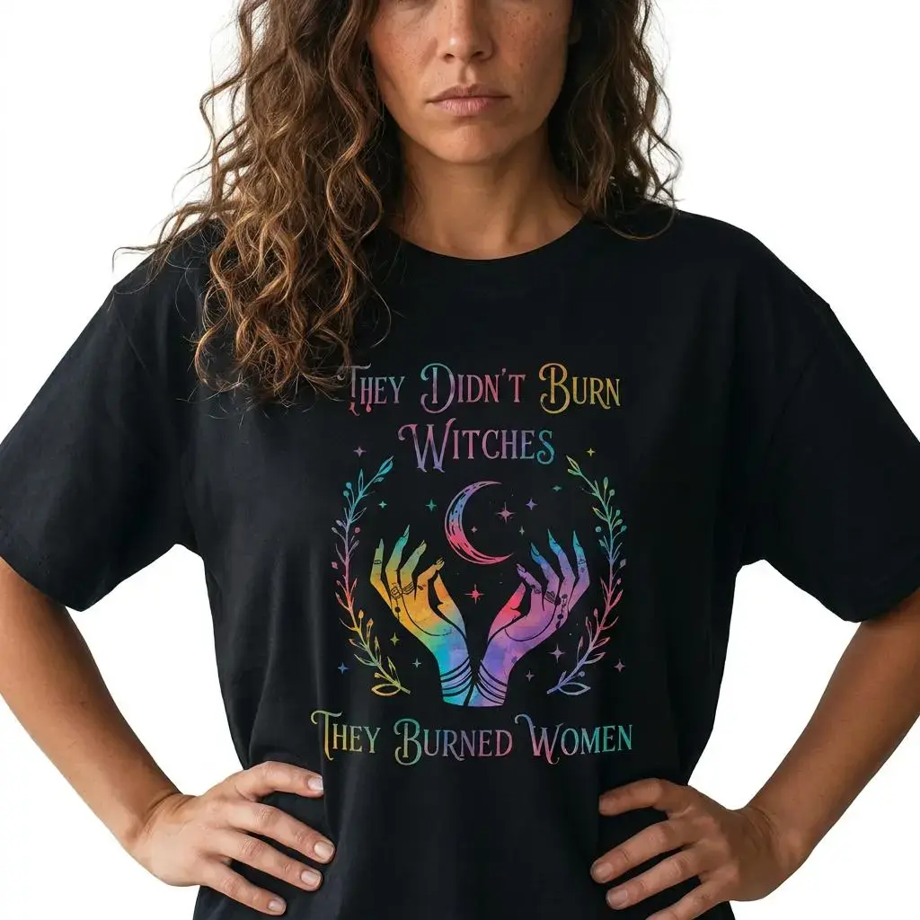 They Didn't Burn Witches Shirt Women Feminist Graphic Tee Plus Size Mystical Moon Top