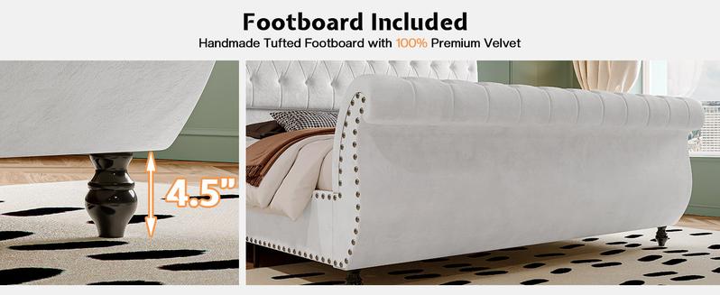 AMERLIFE Luxury Bed Frame with Scroll Headboard & Footboard, Modern Velvet Upholstered Platform Sleigh Bed with Button Tufted, No Box Spring Needed/Unique Bedroom Furniture/Best Gift Ideas/Christmas Gifts