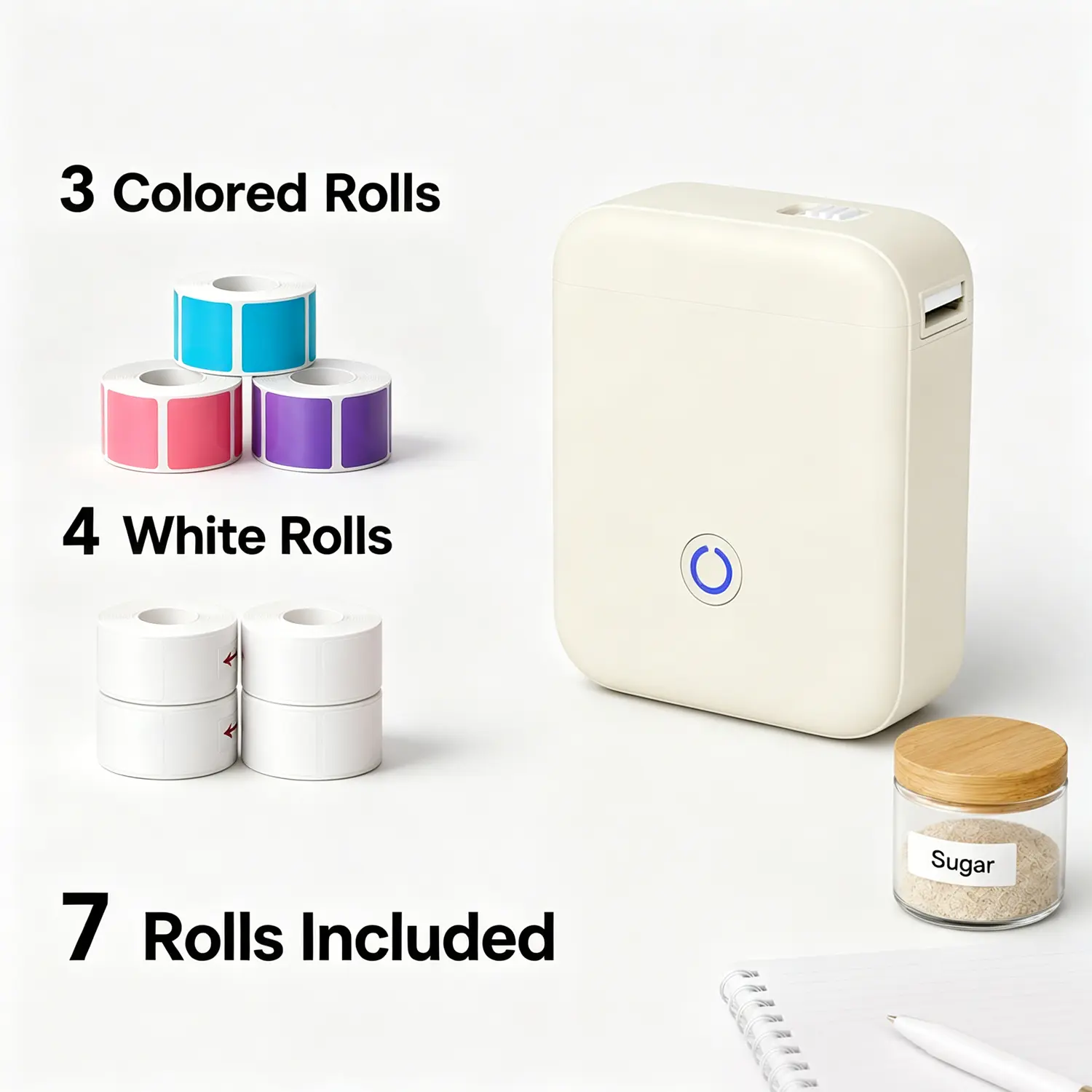 ZRZTM P11 Mini Bluetooth Inkless Thermal Label Printer - Portable Black Monochrome Device with 7 Rolls of Paper, USB-C Rechargeable, 203 DPI, iOS/Android Compatible, Travel-Ready with Batteries for Home Office, School