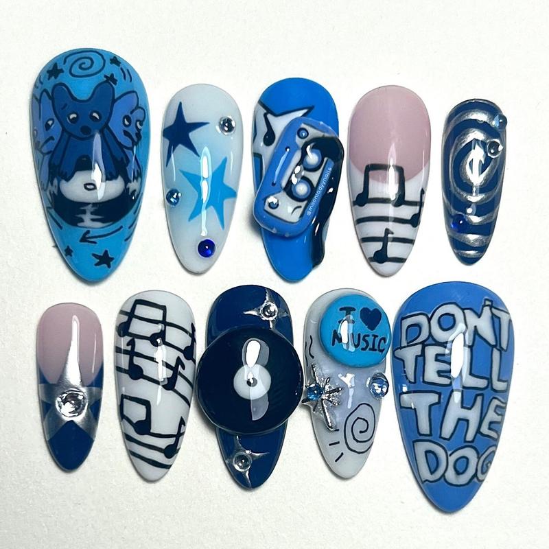 Music Inspired Press On Nails – Funky Blue Cartoon Nail Art with Notes, Stars, Graffiti & 8-Ball Design, Punk Rock Indie Style Handmade Nails