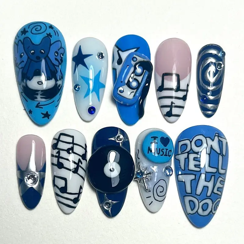 Music Inspired Press On Nails – Funky Blue Cartoon Nail Art with Notes, Stars, Graffiti & 8-Ball Design, Punk Rock Indie Style Handmade Nails