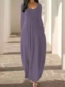 Women's Long Sleeve Maxi Dress Casual Soft Loose Full Length Gown with Pockets, Elegant Crewneck Modest Dress for Fall/Winter, Loungewear Sundress