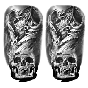 2 Sheets Angel Grim Reaper Skull Temporary Tattoos for Adults Men, Dark Fantasy Death Fake Tattoo Stickers, Realistic Black Ink Gothic Waterproof Long Lasting Body Art for Arm Chest