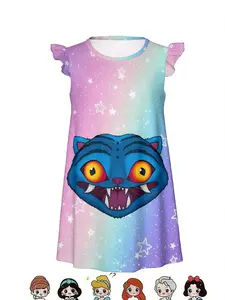 Girls' Cool Cartoon Blue Beast Printed Flying Sleeves Dress, Gradient Starry Sky Style, Summer Casual A-Line Dress