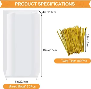 Vivinin 70 Pack Bread Bags & 100 Pack Ties, 8" X 4" X 18" Clear Bread Bags for Homemade Bread, Reusable Plastic Bread Storage Bags for Bakers, Bakery Owners vivinin
