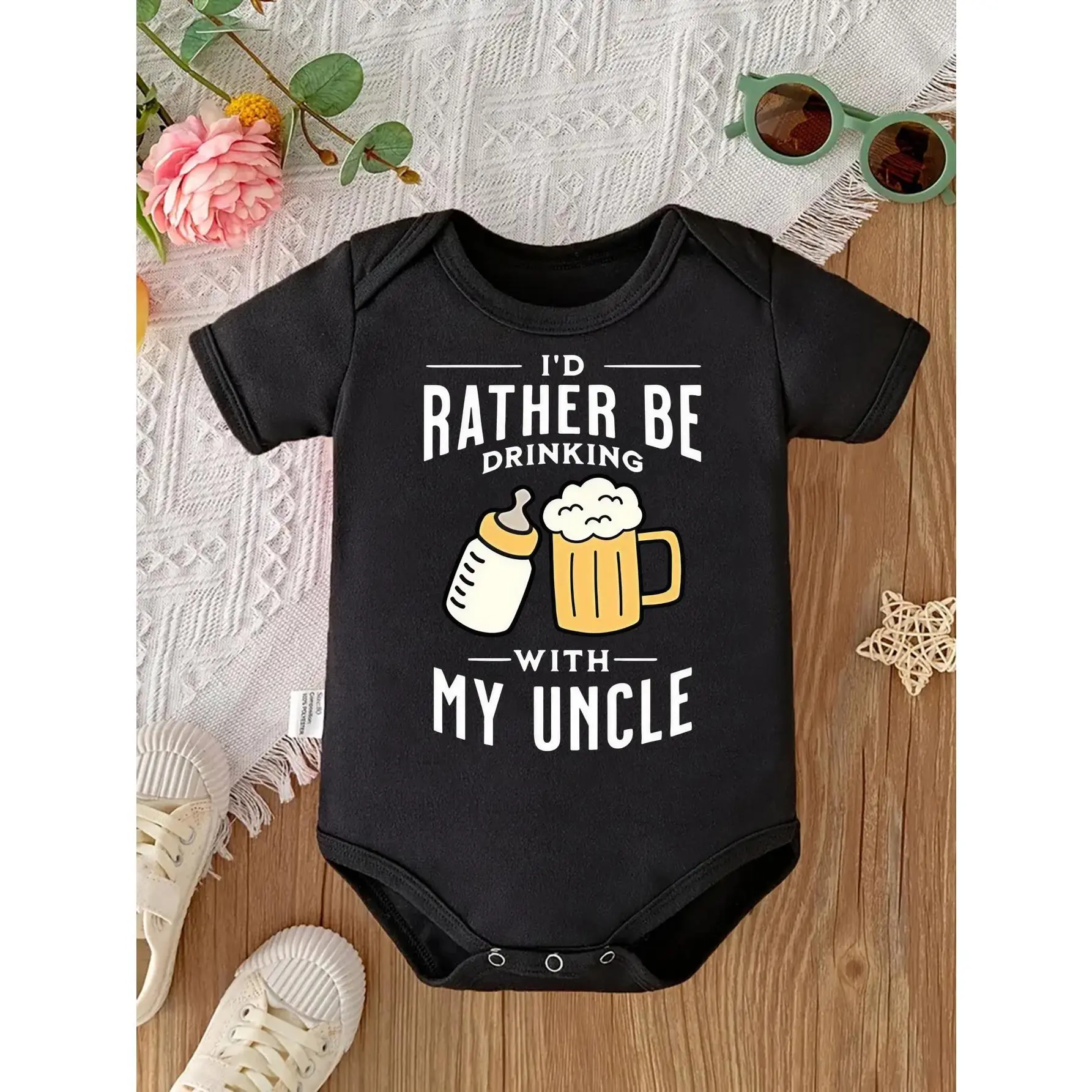 Baby Bodysuit for 0-12 Months, Short-Sleeved Knitted Onesie with "I'd Rather Be Drinking With My Uncle" Beer Bottle Print, Round Neck, Buttons, Soft Versatile Regular Fit, All-Seasons, Graphic