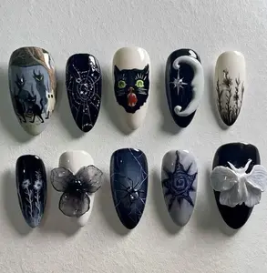 Chic Nail Studio Midnight Forest Press-On Nails, Black Cat, Moonlight, Moth Wings, Shimmery Blue Tones, Witchy Goth Vibe, Halloween Ready, Handmade