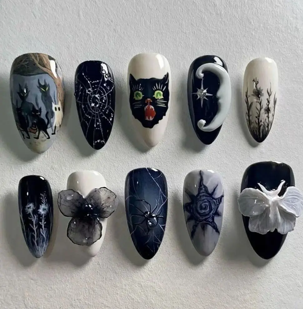 Chic Nail Studio Midnight Forest Press-On Nails, Black Cat, Moonlight, Moth Wings, Shimmery Blue Tones, Witchy Goth Vibe, Halloween Ready, Handmade
