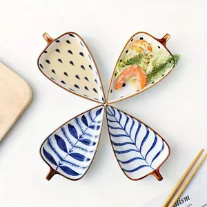 4PCS Creative Leaf Shape Ceramic Multi Grid Appetizer Plate Dipping Bowl Sushi Snack Plate Sauce Dish Home Decor