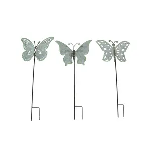 Set of 3 Galvanized Metal Butterfly Garden Stakes Patio Yard Art Outdoor Decor