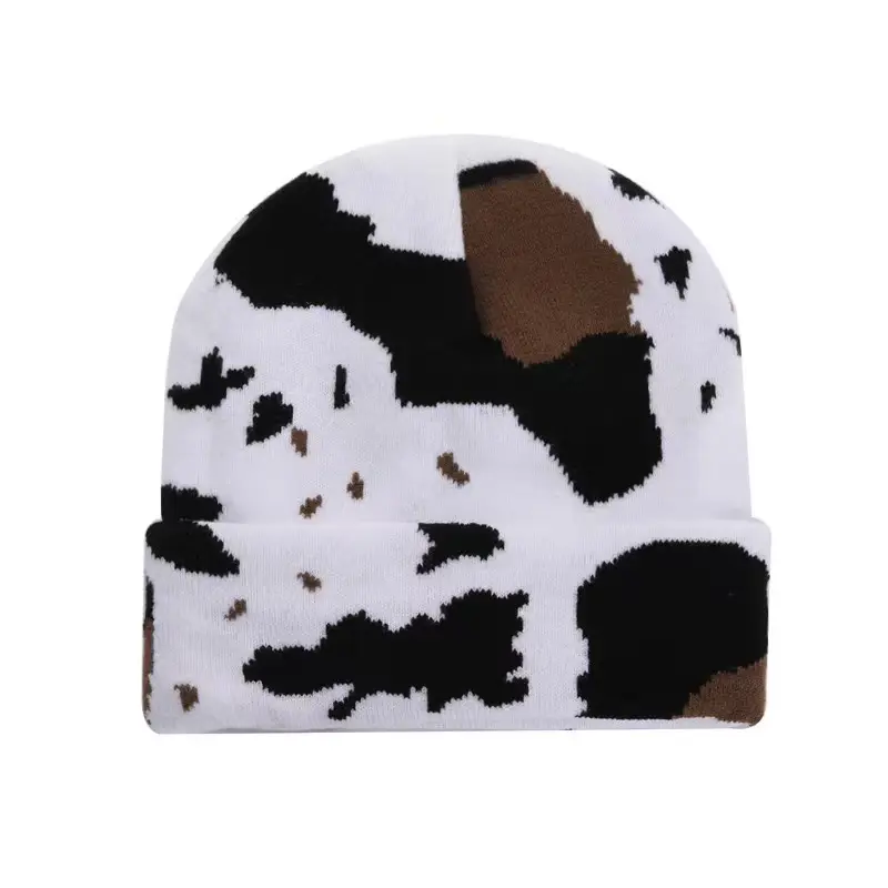Cow Print Beanie,Winter Cow Pattern Knitted Women Cuffed Hat Warm Knit Hats Stretch Fashion Cap