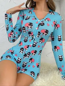 Women's Fall New Fashion Print V-Neck Long Sleeve Slim Fit Casual Comfortable One-Piece Short Pants Sleepwear