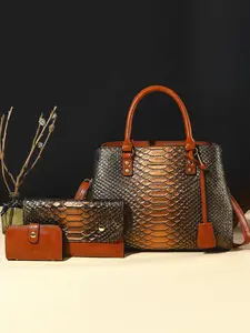 Elegant Snake Embossed Satchel Set, 3-in-1 Handbag with Matching Accessories, Stylish Brown Shoulder Purse for Office & Events