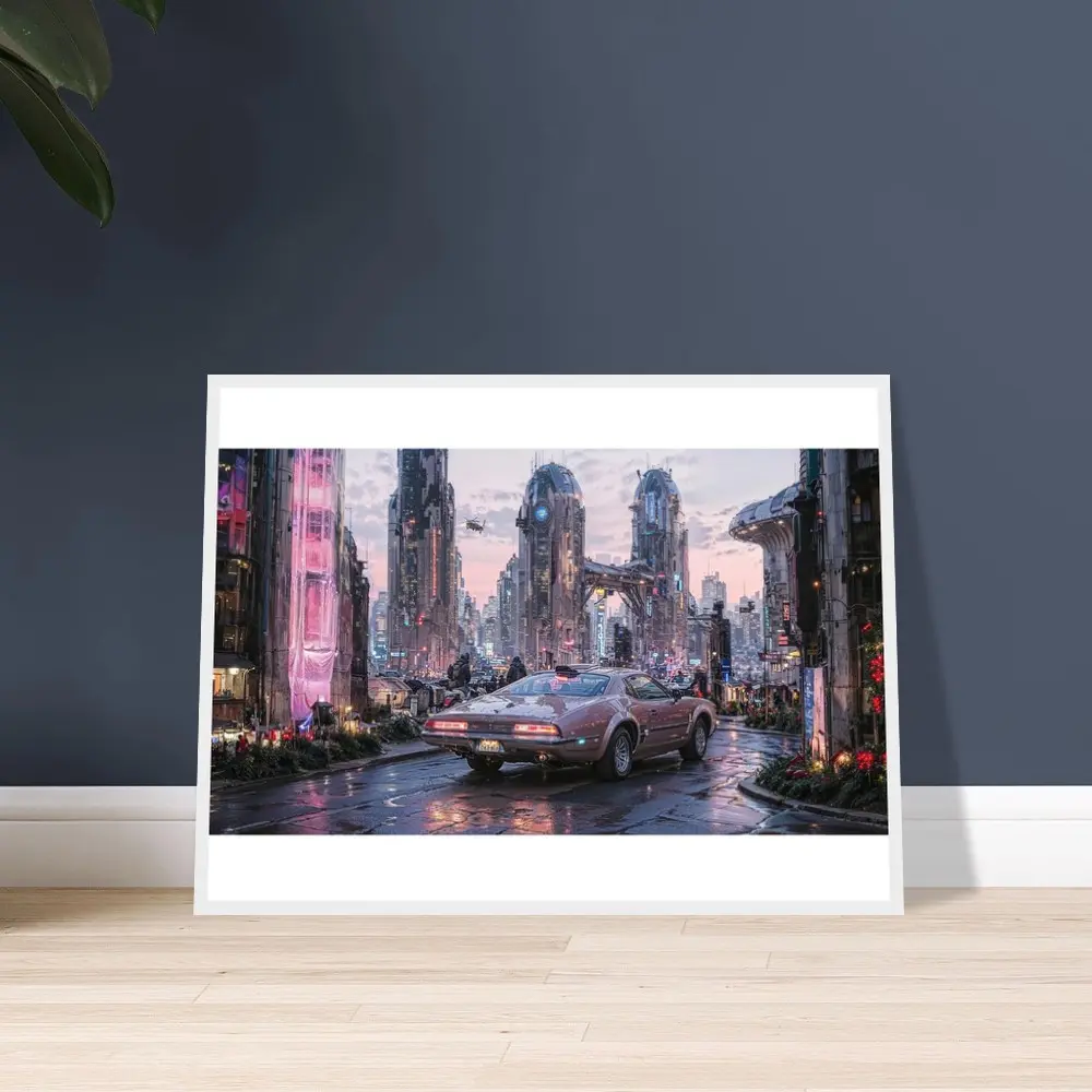 Futuristic Cityscape Mounted Poster 🚗✨ - Elevate Your Space!